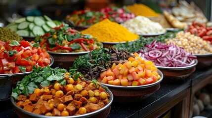 Vibrant Array of Freshly Prepared Vegetarian Dishes at a Market Featuring a Colorful Selection of Delicious and Healthy Options Ideal for Culinary Promotions and Food Blogs
