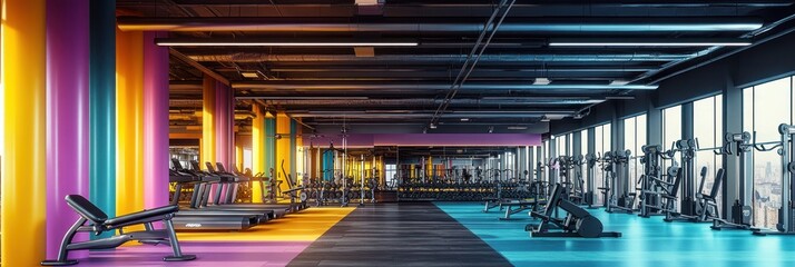 A vibrant gym interior featuring workout equipment and colorful walls.