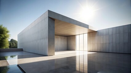Minimalist Modern Architecture With A Reflective Surface And A Window Looking Out To A Sunlit Sky