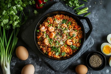 Shrimp and vegetable paella in cast iron skillet, traditional Spanish cuisine concept
