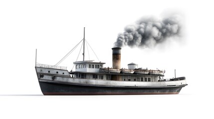Old, White Ferry Boat With Smoke Coming From Its Chimney