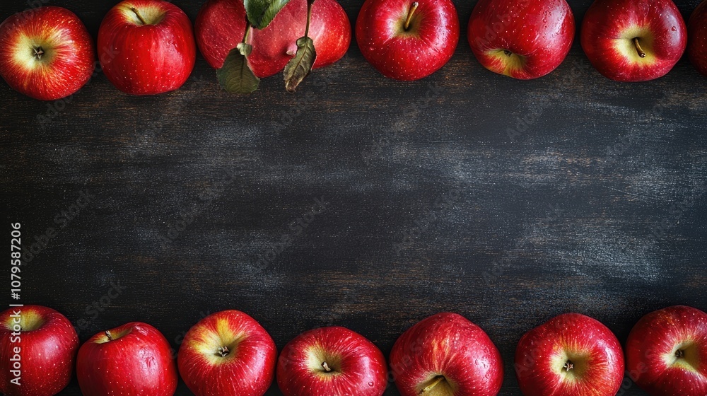 Poster red apples on a chalkboard background featuring a wooden surface with empty space for text ideal for