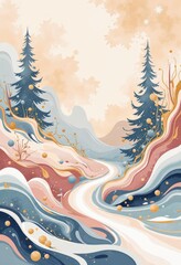 Warm Abstract Christmas Card: Cozy Winter Evening with Japanese-Inspired Patterns and Soft Pastels. 和風要素を取り入れた温かみのある抽象クリスマスカード：柔らかなパステルカラーの冬の夕暮れ。