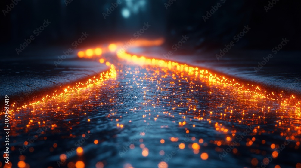 Poster glowing lines and water surface 3d rendering