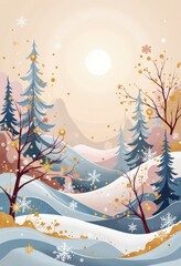 Warm Abstract Christmas Card: Cozy Winter Evening with Japanese-Inspired Patterns and Soft Pastels. 和風要素を取り入れた温かみのある抽象クリスマスカード：柔らかなパステルカラーの冬の夕暮れ。