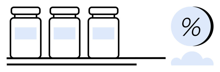 Three jars arranged on a shelf next to a percentage symbol, with a cloud layer below. Ideal for healthcare, storage organization, data analysis, economics, inventory management, business metrics