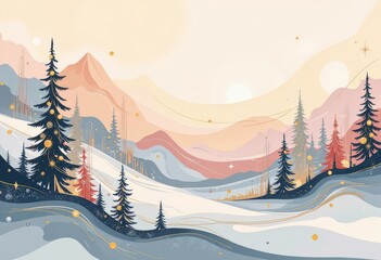 Warm Abstract Christmas Card: Cozy Winter Evening with Japanese-Inspired Patterns and Soft Pastels. 和風要素を取り入れた温かみのある抽象クリスマスカード：柔らかなパステルカラーの冬の夕暮れ。