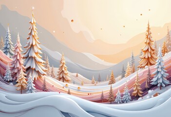 Warm Abstract Christmas Card: Cozy Winter Evening with Japanese-Inspired Patterns and Soft Pastels. 和風要素を取り入れた温かみのある抽象クリスマスカード：柔らかなパステルカラーの冬の夕暮れ。