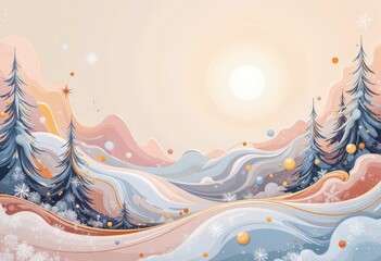 Warm Abstract Christmas Card: Cozy Winter Evening with Japanese-Inspired Patterns and Soft Pastels. 和風要素を取り入れた温かみのある抽象クリスマスカード：柔らかなパステルカラーの冬の夕暮れ。