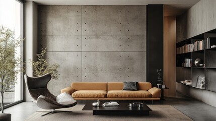 Contemporary loft living room featuring a concrete wall sand brown sofa sleek armchair minimalist black coffee table and personal items along with books