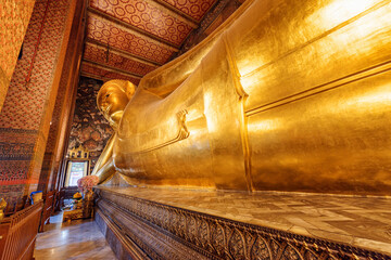 Awesome view of Reclining Buddha in Wat Pho, Bangkok, Thailand