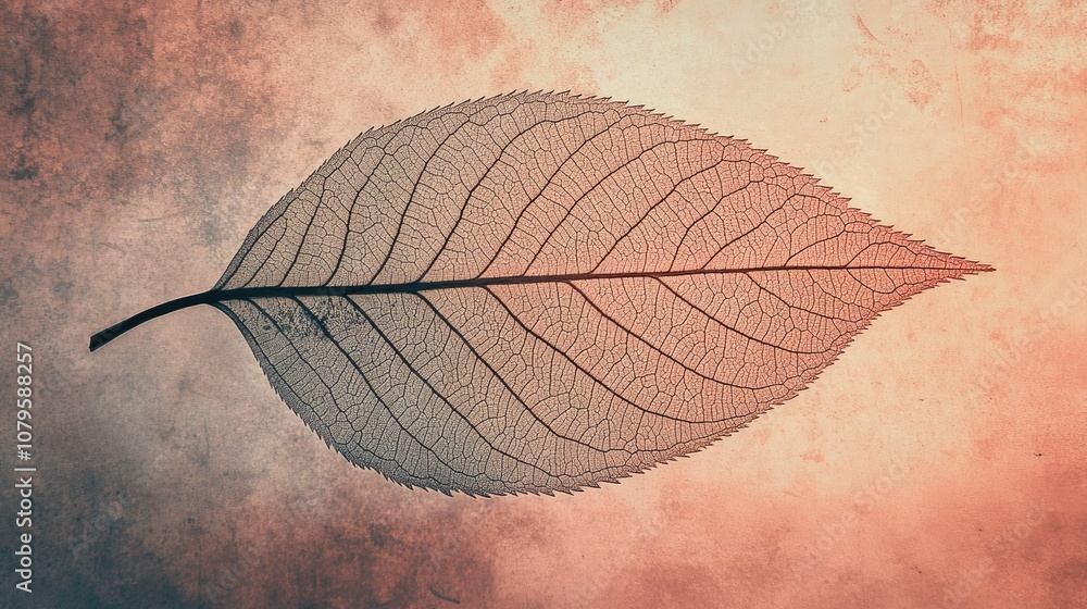 Aufkleber peach fuzz textured leaf with intricate lines against a natural backdrop