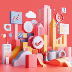 Fototapeta premium SEO relevance. A vibrant, abstract cityscape composed of geometric shapes and digital elements in pastel colors against a coral background.