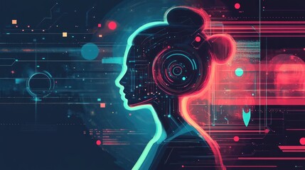 A digital art illustration of a female face, with futuristic, cyborg, and technology elements.