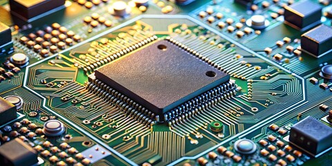 Obraz premium A close-up of a circuit board, showcasing the intricate patterns of conductive pathways and the heart of the system a complex microchip, embodying technological innovation