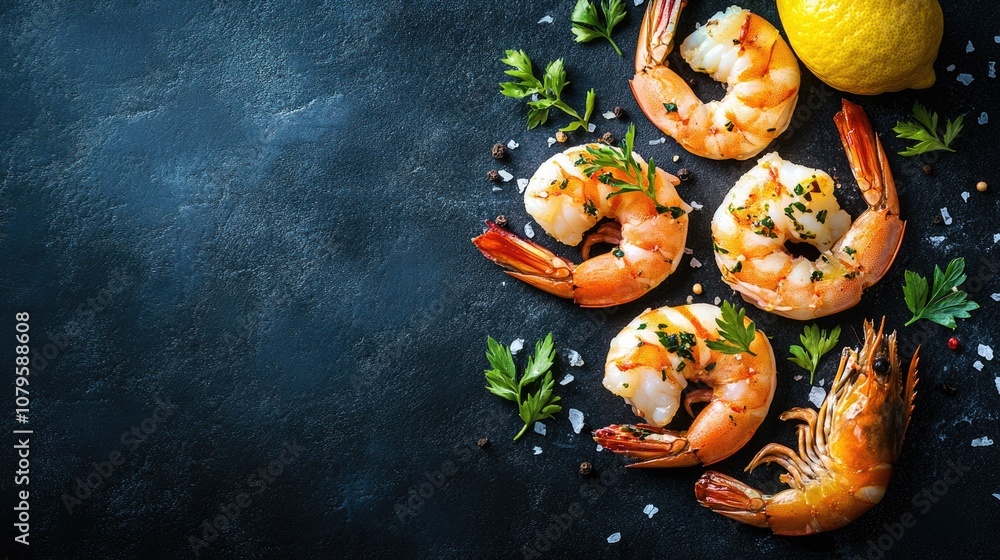 Poster garlic and herb infused shrimp and prawns displayed on a dark background garnished with lemon creati