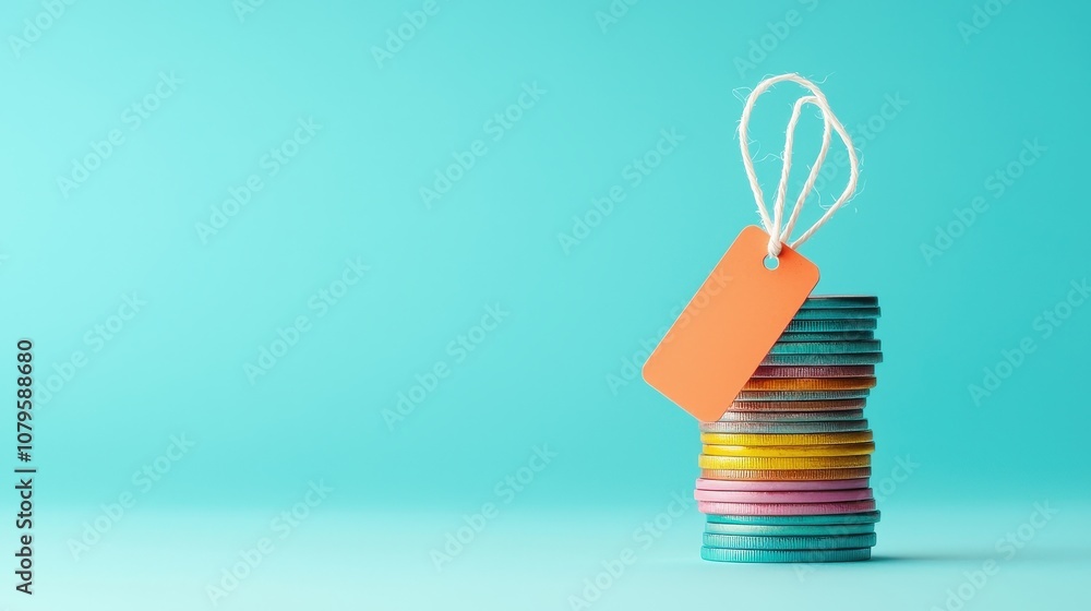 Poster coin stack with discount tag at center for a website isolated random pastel color background