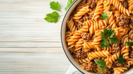 A hearty pasta dish featuring rotini pasta, coated in a savory meat sauce and garnished with fresh parsley, creating a delicious and satisfying dining experience.