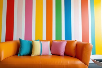 An orange sofa with colorful cushions sits against a vibrant, multicolored striped wall. The setting is lively and modern, exuding energy and style.