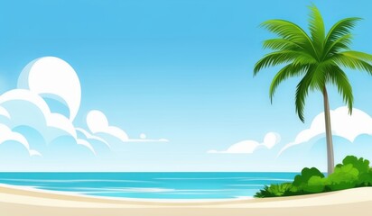 cartoon tropical beach with palm trees and blue sky