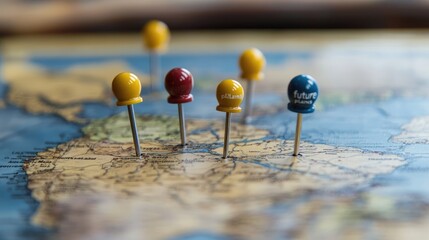 Colorful Pins Marking Destinations on a Vintage Map