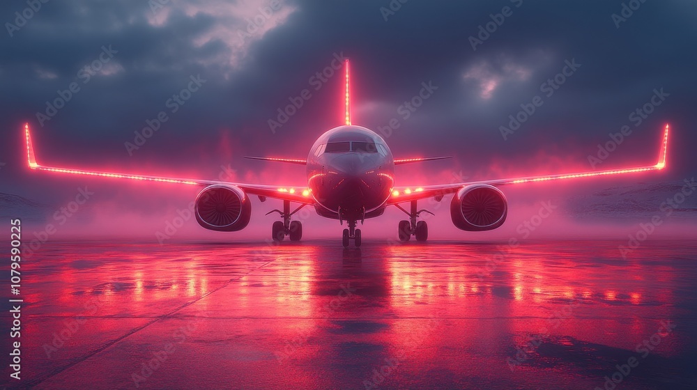 Poster loop animation of a plane with dark neon light effect 3d rendering