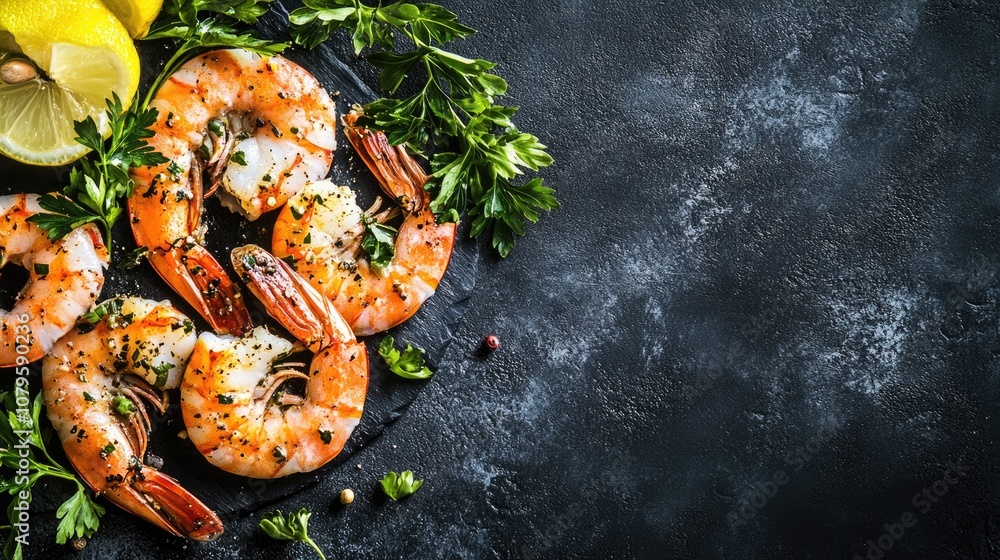 Poster garlic and herb infused shrimp and prawns displayed on a dark background garnished with lemon creati