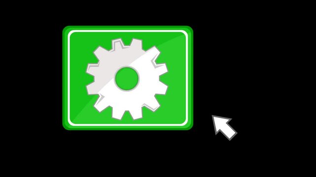 video animation computer mouse cursor clicking on setting square shape button digital software, on a transparent background with alpha channel set to zero