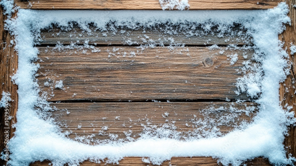 Poster winter background featuring a snow frame on a wooden texture top view with space available for text
