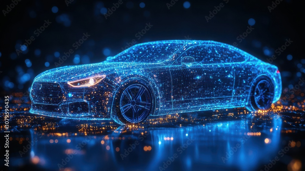 Poster loop animation of automobile car with automatic drive concept 3d rendering