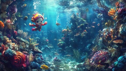 Naklejka premium Little Diver Explores the Coral Reef