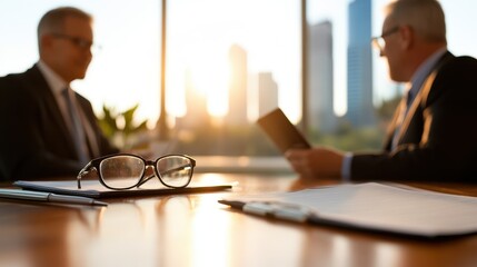 A pair of eyeglasses is placed on a table, with two businessmen visible in the background discussing business topics in a sunlit high-rise office in the city.