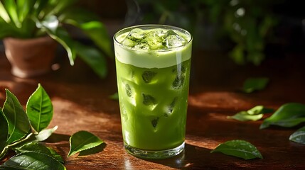 Fototapeta premium Refreshing Green Drink Served in a Glass Home Kitchen Beverage Photography Natural Setting Close-up Shot Healthy Lifestyle Concept