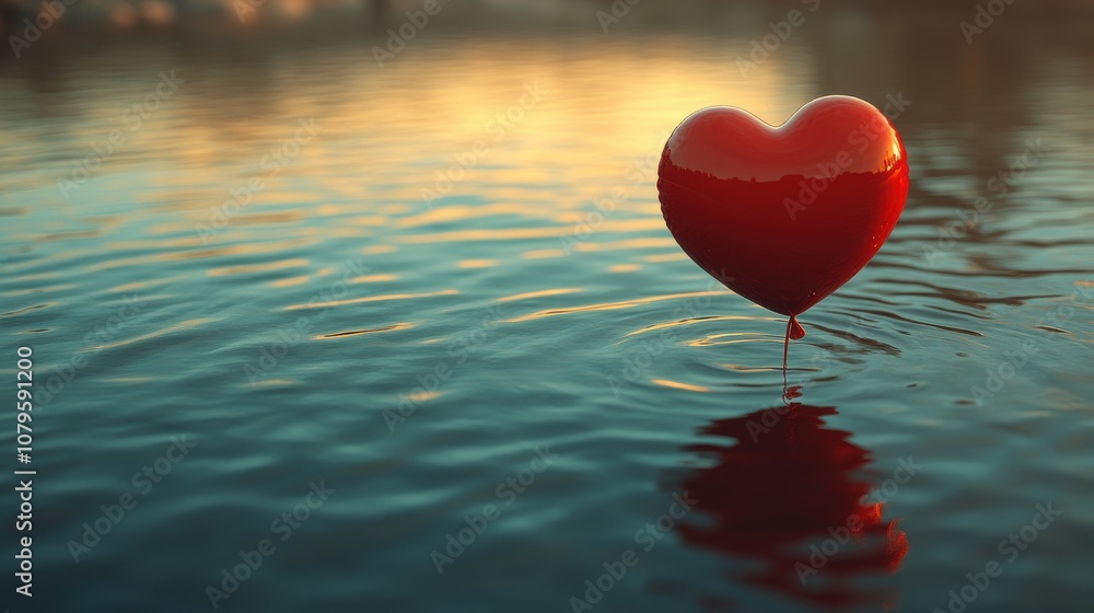 Poster loop animation of rippled water surface and heart balloon 3d rendering