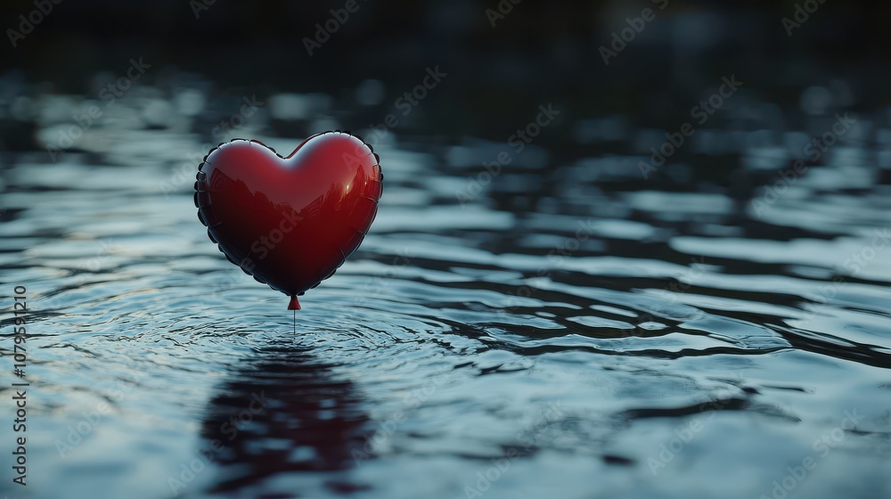 Poster loop animation of rippled water surface and heart balloon 3d rendering