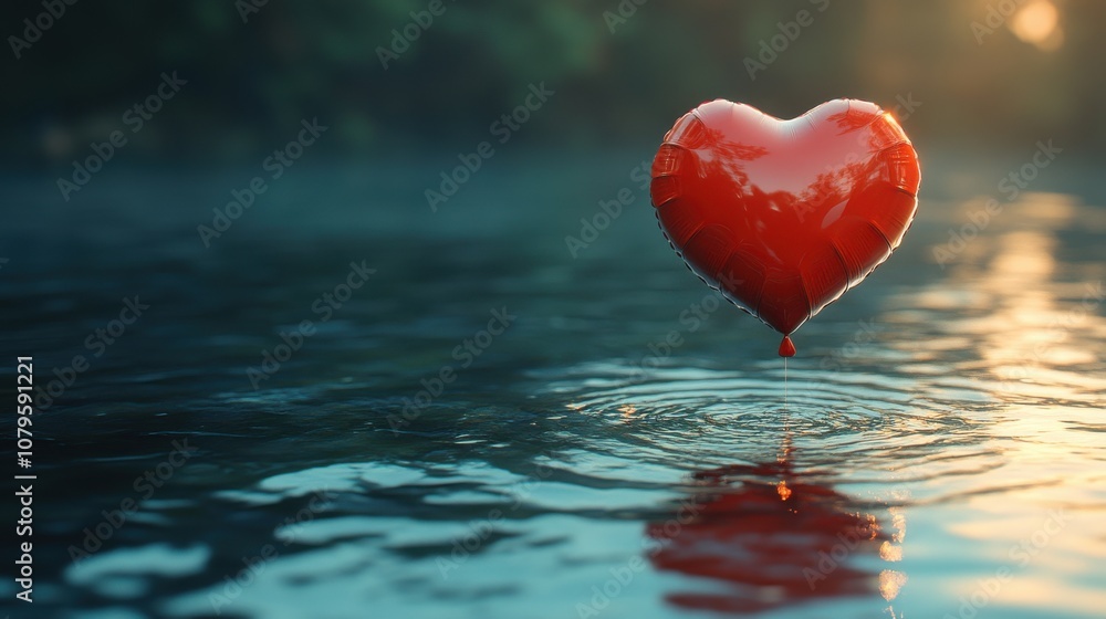 Poster loop animation of rippled water surface and heart balloon 3d rendering