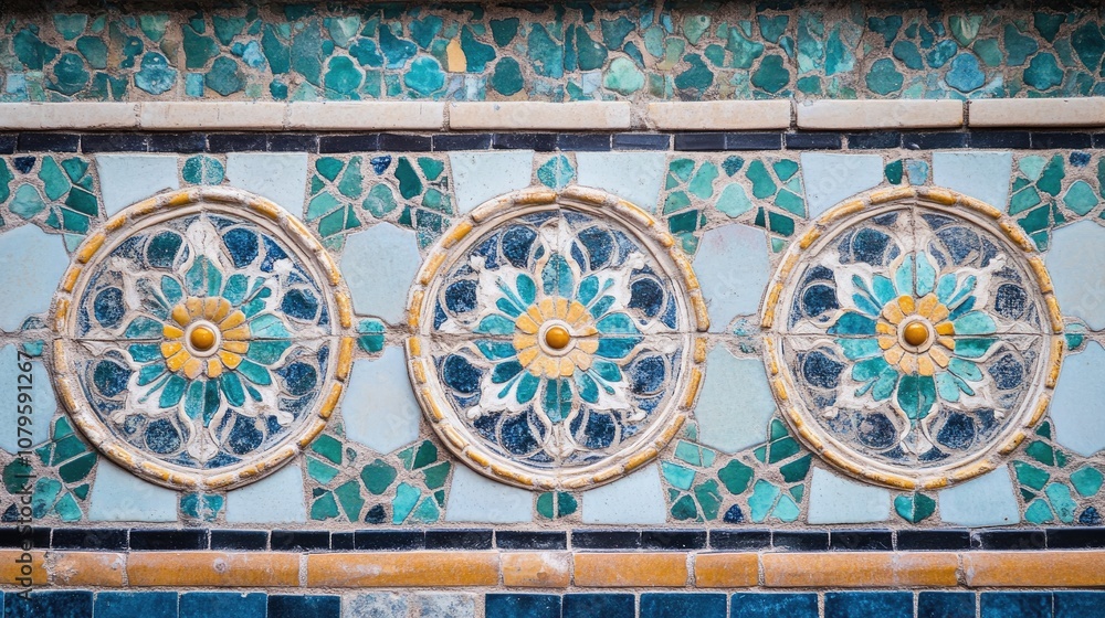 Poster Close up of a tiled wall featuring circular designs at both the top and bottom sections