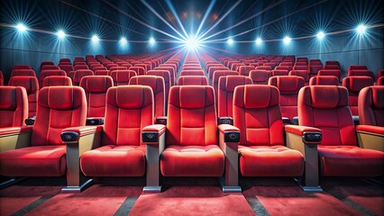 Obraz premium Rows of red theater seats await an immersive cinematic experience, bathed in the soft glow of ambient lights.