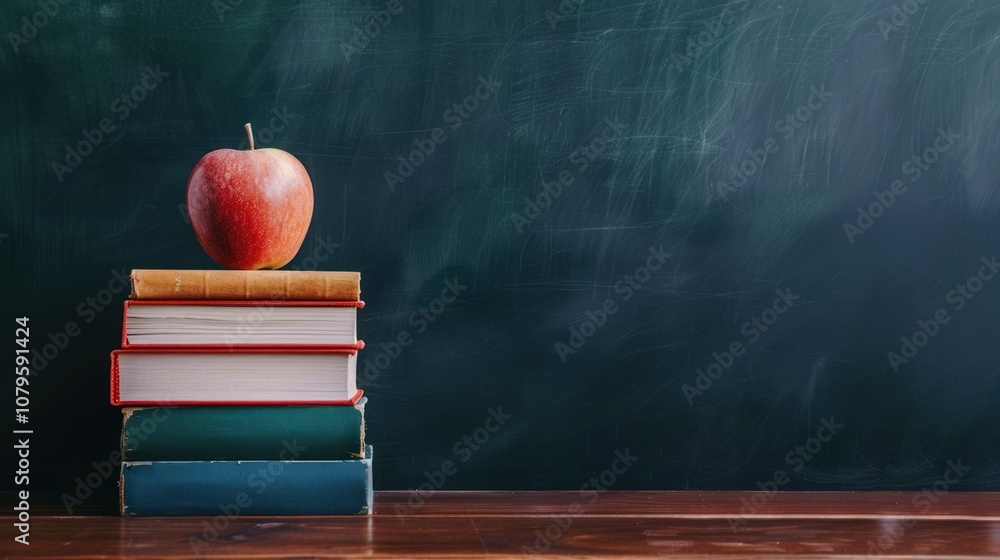 Poster stack of books with apple on top in front of a blackboard
