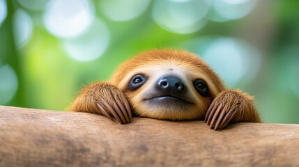 This image features a cute sloth resting comfortably on a wooden branch, showcasing its sweet and curious expression. It evokes tranquility and charm in nature.
