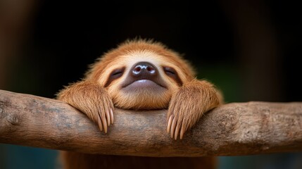 Fototapeta premium This charming image shows a sleepy sloth with closed eyes resting contently on a branch, conveying a sense of relaxation, rest, and peacefulness amidst nature.