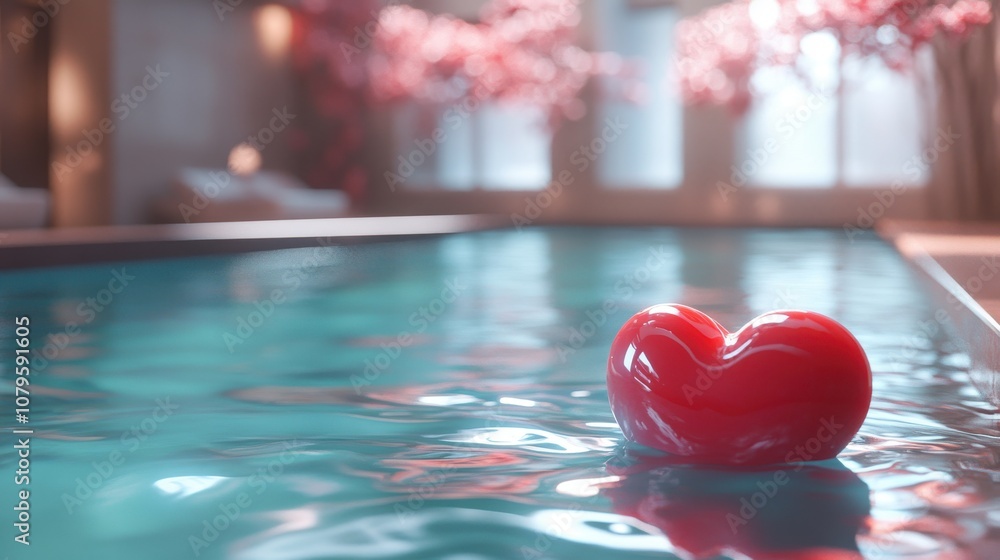 Poster loop animation of swimming pool and floating heart 3d rendering