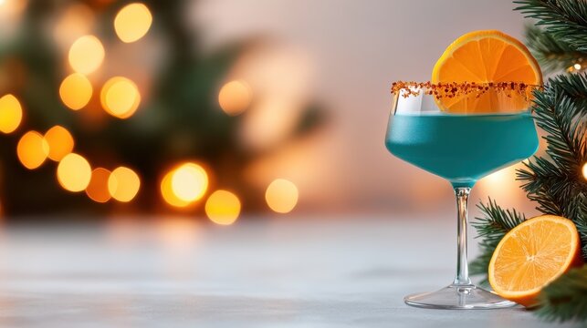 A chic blue cocktail in a glass with a sugared rim and an orange garnish set against a festive background, ideal for a glamorous holiday gathering.