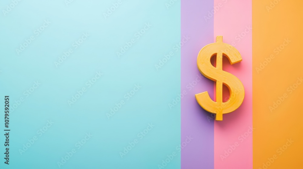 Poster dollar sign with down arrow at center for a website isolated random pastel color background