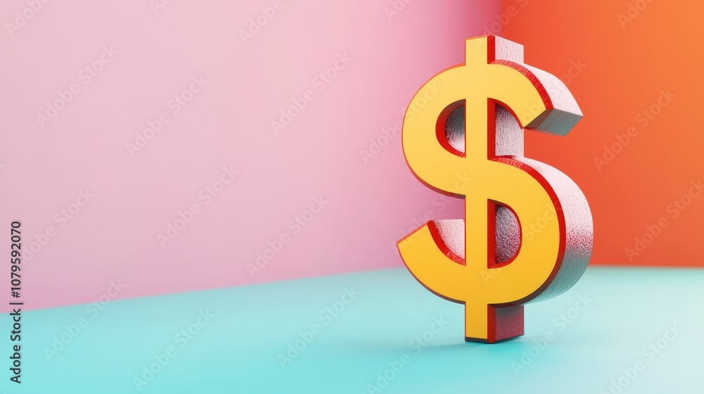 Poster dollar sign with down arrow at center for a website isolated random pastel color background