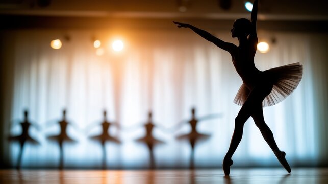 A single ballet dancer captures the spotlight in a striking pose, her silhouette gracefully aligned with soft, theatrical lighting, epitomizing elegance and poise.
