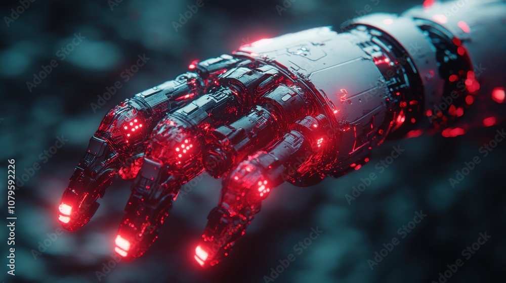 Poster mechanical arm with dark neon light effect 3d rendering