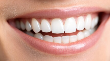 Obraz premium An up-close image of a person's perfectly aligned white teeth and smooth lips, representing beauty, dental care, and the confidence of a healthy smile.