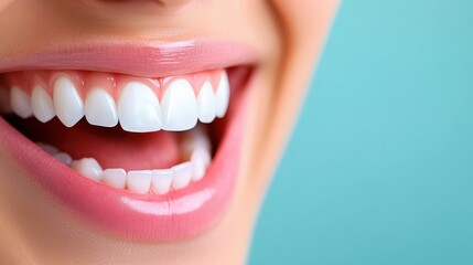 Fototapeta premium A close-up of a bright, cheerful smile displaying perfect white teeth, illustrating the significance of dental health and hygiene, showcasing confidence and happiness.