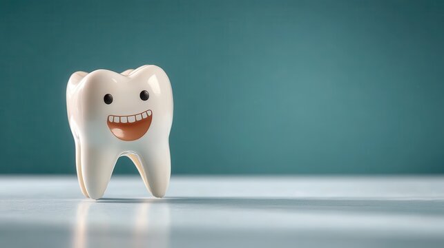 A cute tooth character with a smiling face set against a teal background, representing dental health and happiness, great for kids' dentistry promotions.